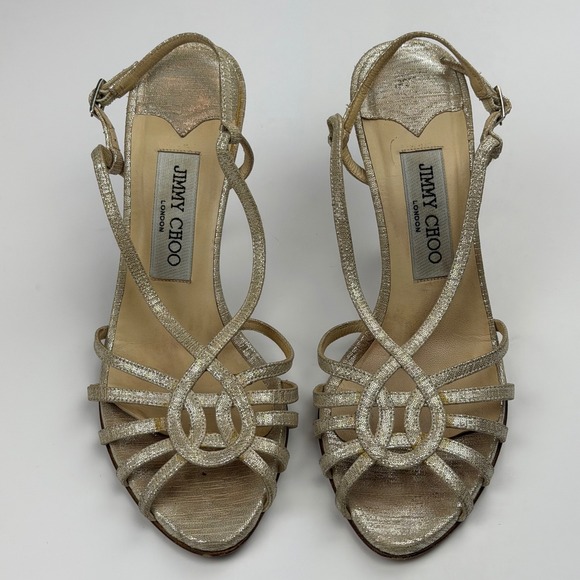 Jimmy Choo London Size 36.5 Gold Metallic Strappy Heels Sandals Shoes Designer - Picture 1 of 8